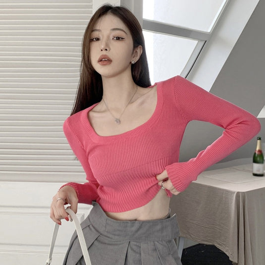 Women's Slim Knitted Long Sleeve Sweater Solid Color Simple Square Collar Crop Top Fall Spring Casual Pullover
