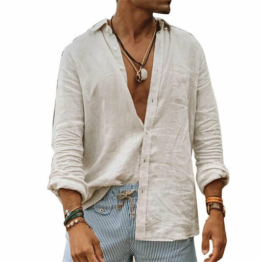 2022 Men's high quality long-sleeved loose linen shirt