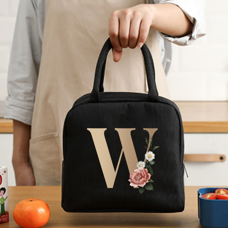Load image into Gallery viewer, Thermal Travel Canvas Lunch Bag, Travel Bag, Gold Letter Print
