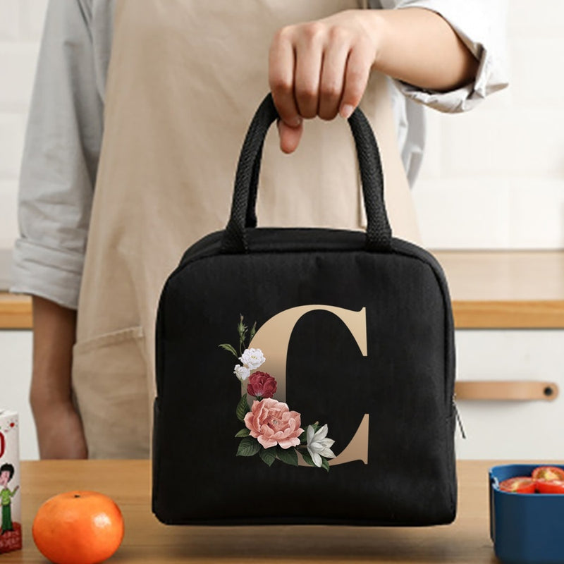 Load image into Gallery viewer, Thermal Travel Canvas Lunch Bag, Travel Bag, Gold Letter Print
