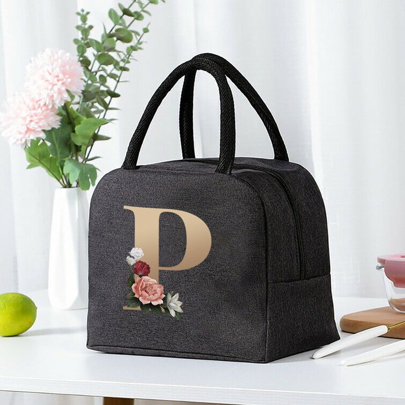 Load image into Gallery viewer, Thermal Travel Canvas Lunch Bag, Travel Bag, Gold Letter Print
