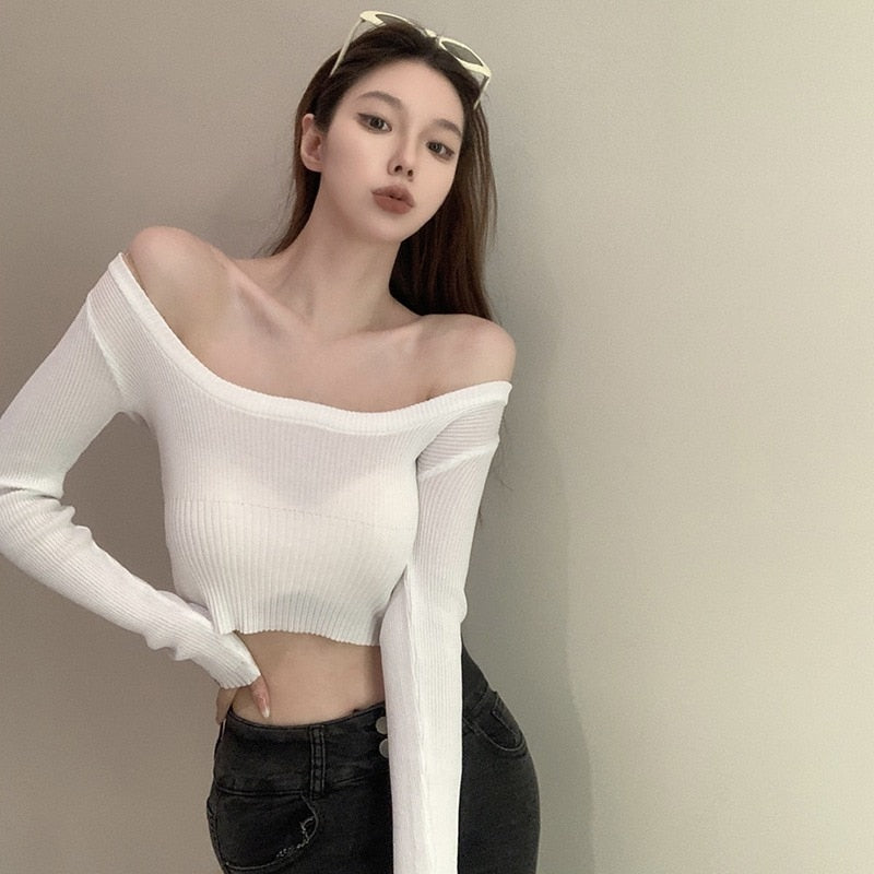 Load image into Gallery viewer, Women's Slim Knitted Long Sleeve Sweater Solid Color Simple Square Collar Crop Top Fall Spring Casual Pullover
