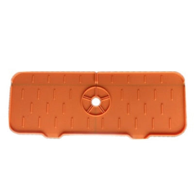 A silicone shelf is placed around the faucet. It holds the sponge. There is a passage for draining the water