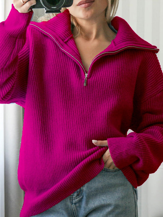 Women's Oversized Zipper Knitted Sweater Long Sleeve Pullover Autumn Winter