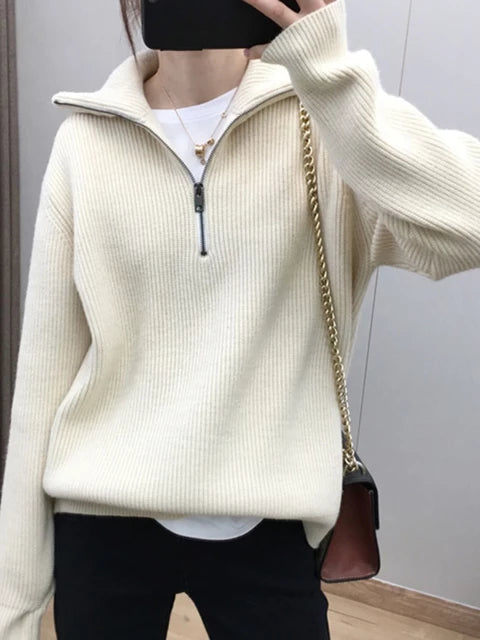 Women's Oversized Zipper Knitted Sweater Long Sleeve Pullover Autumn Winter