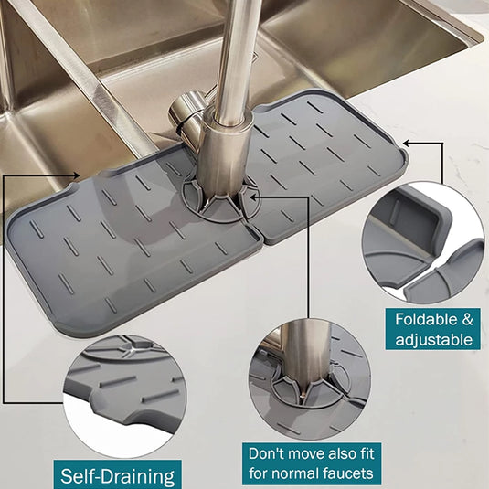 A silicone shelf is placed around the faucet. It holds the sponge. There is a passage for draining the water