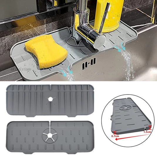 A silicone shelf is placed around the faucet. It holds the sponge. There is a passage for draining the water