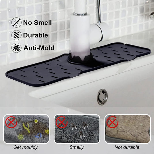 A silicone shelf is placed around the faucet. It holds the sponge. There is a passage for draining the water