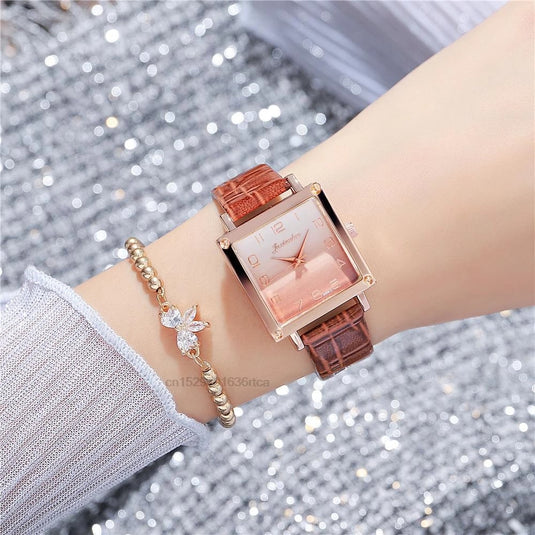 Luxury women's watches, leather bracelet square shape 2022 Fashion gradient colors
